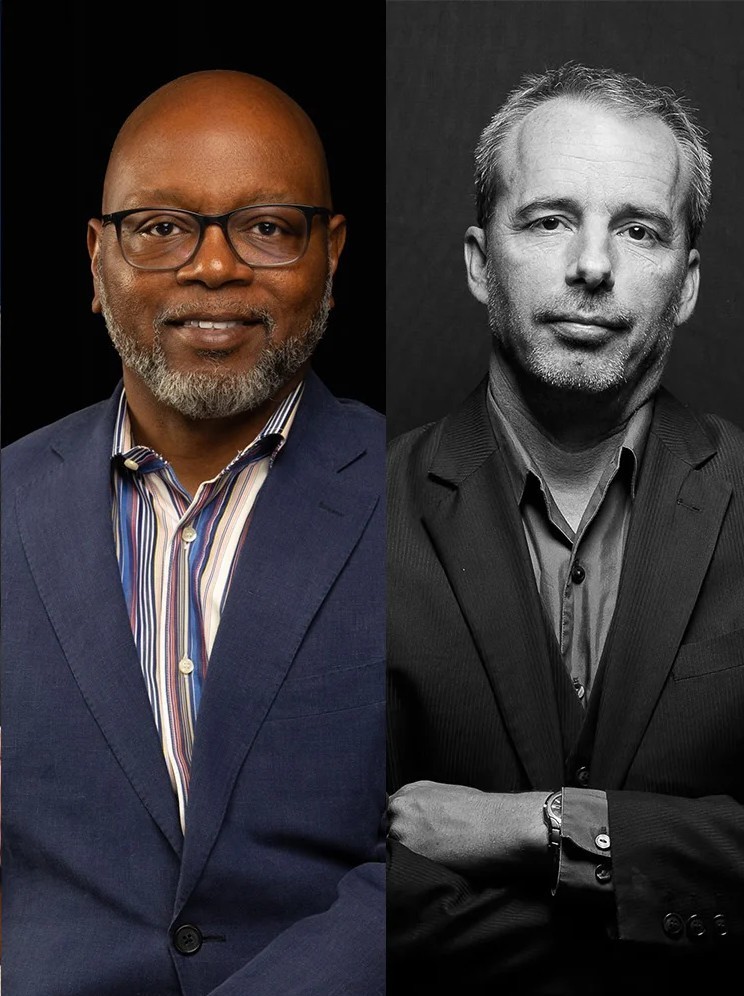 This split-pane composite juxtaposes a warm, smiling color portrait ofLewis Nash in a blue blazer on the left with a moody, introspective black-and-white photo of Clark Gibson in a dark suit with crossed arms on the right.